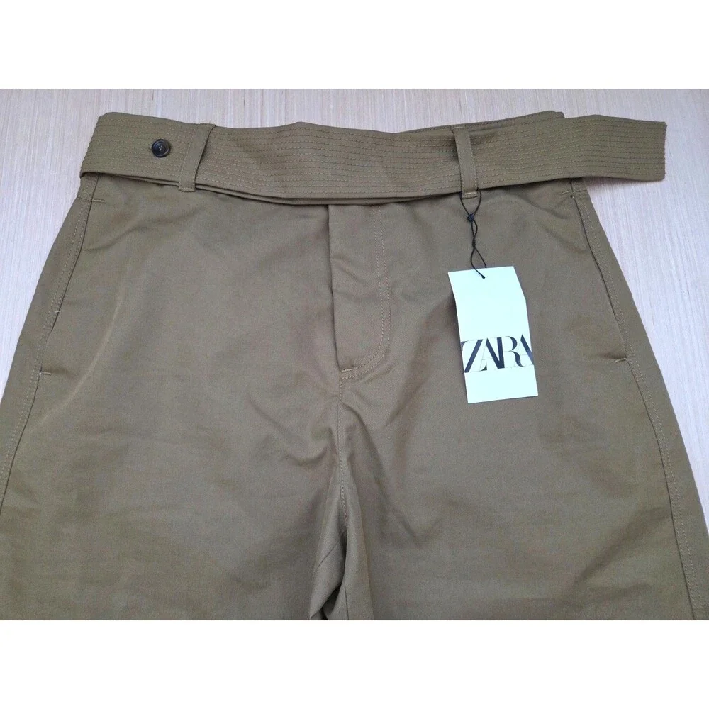 Zara  Woman Collection Medium Belted Twill Wide Leg Pants Women’s Olive Brown - Picture 4 of 11